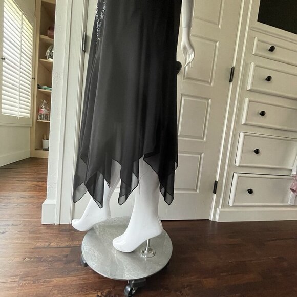 Vintage Y2K 90s Midi Beaded Black Sheer Asymmetrical Scarf Hem Dress Sz 14W - Picture 6 of 15